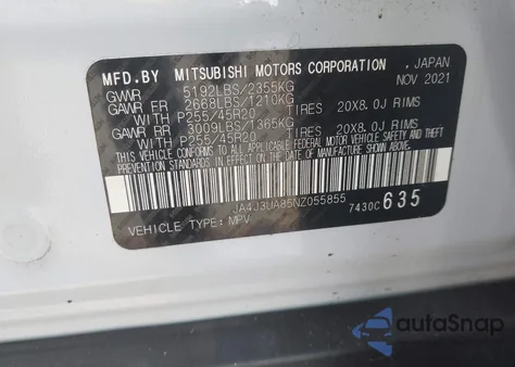 2022 Mitsubishi Outlander Black Edition 2Wd/Se 2.5 2Wd/Se Launch Edition 2Wd from USA, damaged, VIN JA4J3UA85NZ055855